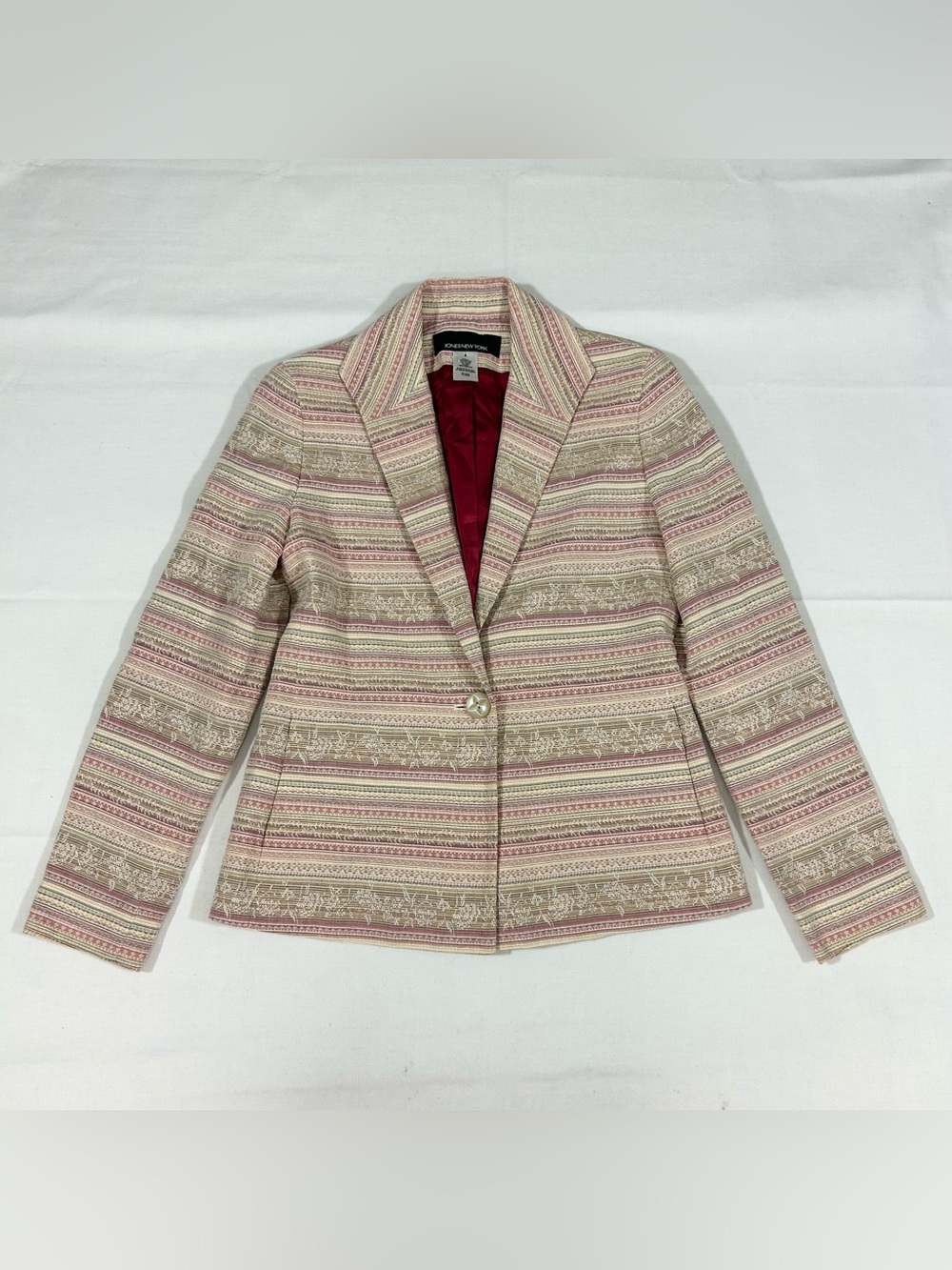 Jones New York Womens Size 4 Blazer Pink Tan Striped Floral Jacquard Boho Floral